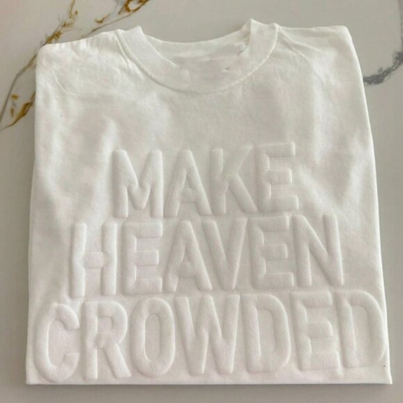White Casual Women's Make Heaven Crowded Embossed Loose Short Sleeve T-Shirt - Picture 1 of 4